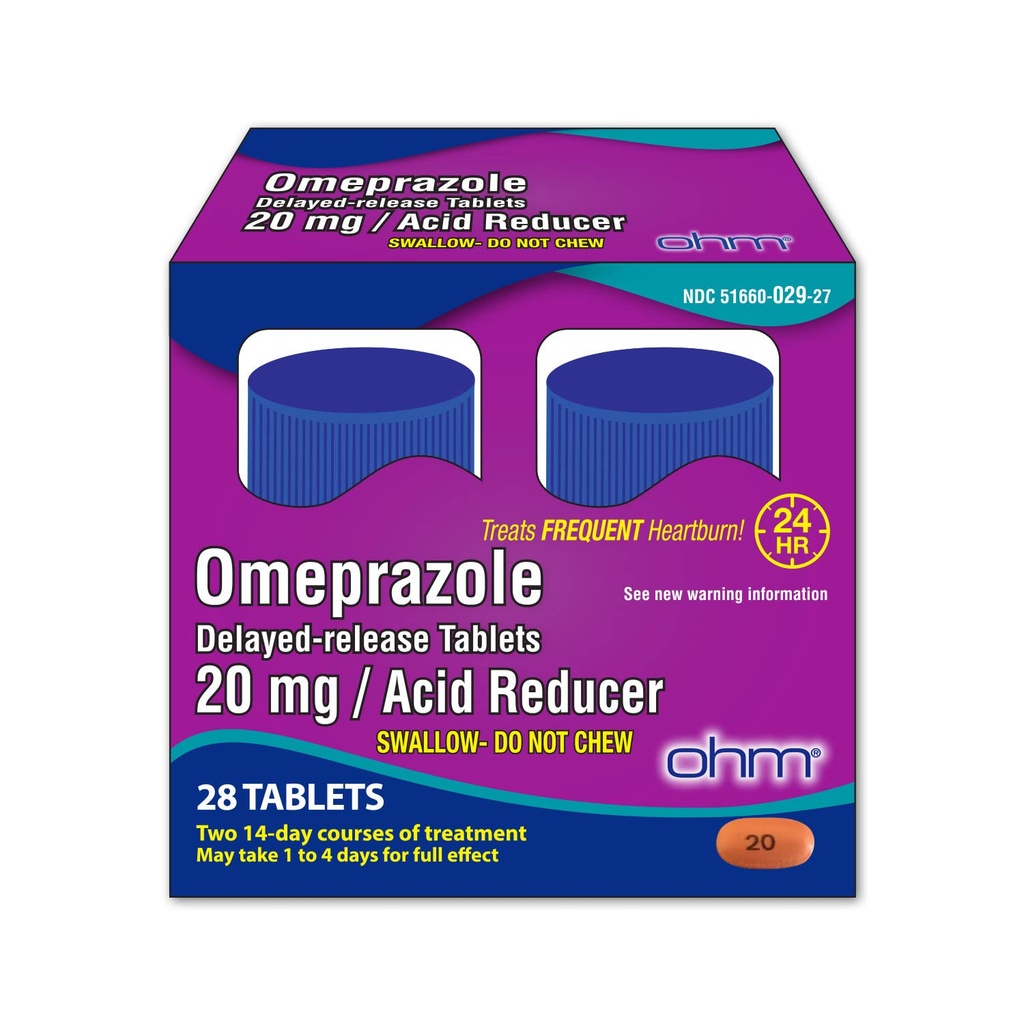 Ohm Omeprazole Delayed-Release Tablets, 20mg Acid Reducer, Treats Frequent Heartburn (4 Weeks of Supply, 28, Count)