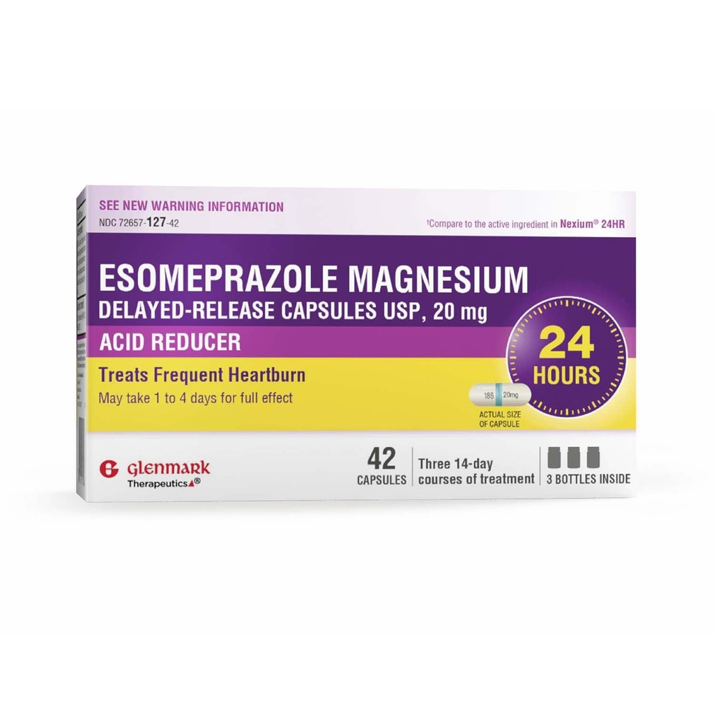Glenmark Therapeutics Esomeprazole Magnesium USP 20mg, Delayed Release Capsules, Treats Frequent Heartburn, 42 Capsules