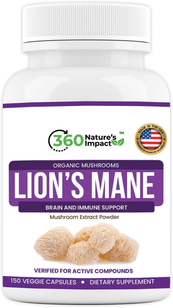 360 Nature's Impact Lions Mane Mushroom Supplement Capsules (150 Capsules) for Brain Health Support Supplement, Organic Supplement with Beta-Glucans & Hypromellose for Cognitive System