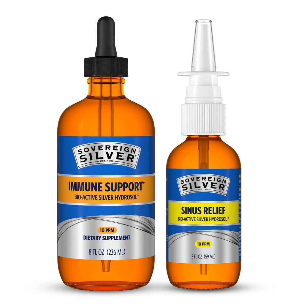 Sovereign Silver Immune Support + Natural Nasal Spray Bundle, Colloidal Silver Bio-Active Hydrosol 10 PPM, 8 Fl Oz Immune Support with Liquid Dropper & 2 Fl Oz Sinus Care Combo Pack