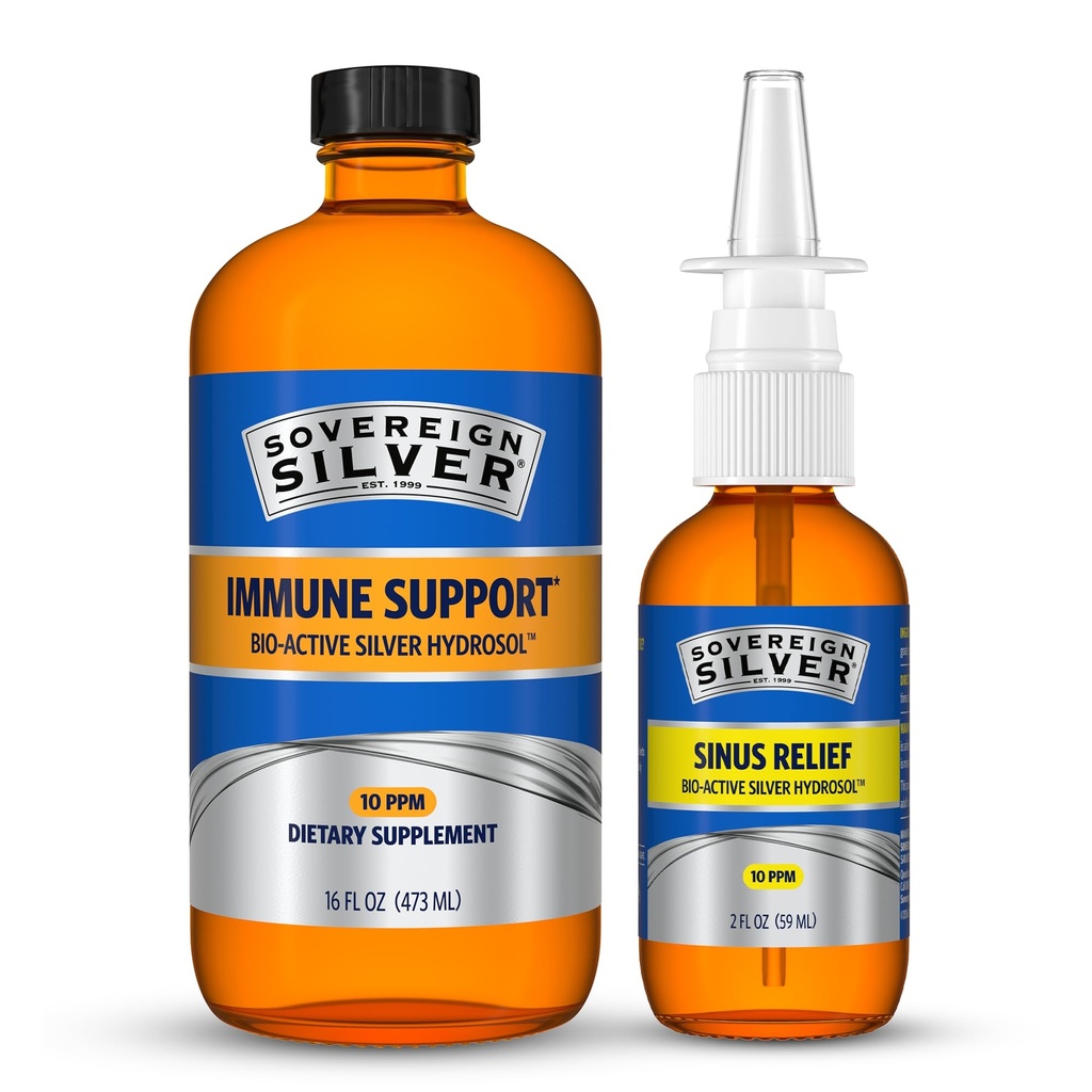 Sovereign Silver Immune Support + Natural Nasal Spray Bundle, Colloidal Silver Bio-Active Hydrosol 10 PPM, 16 Fl Oz Immune Support & 2 Fl Oz Sinus Care Combo Pack