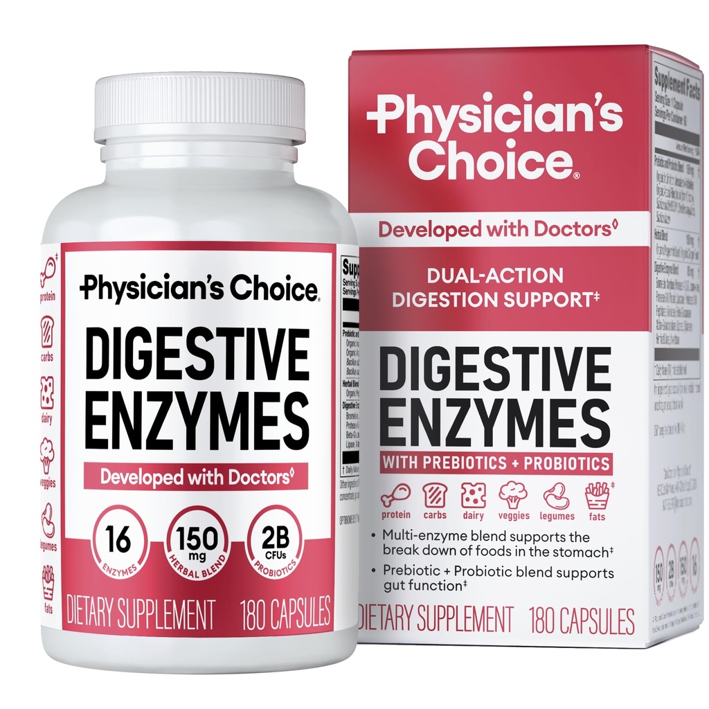 Digestive Enzymes - Multi Enzymes, Organic Prebiotics & Probiotics for Digestive Health & Gut Health - Meal Time Discomfort Relief & Bloating - Dual Action Approach - 180 CT