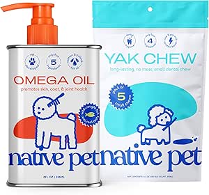 Native Pet Omega Oil for Dogs - Fish Oil Συμπληρώματα 8 Oz & 5 Small Yak Chews for Dogs 