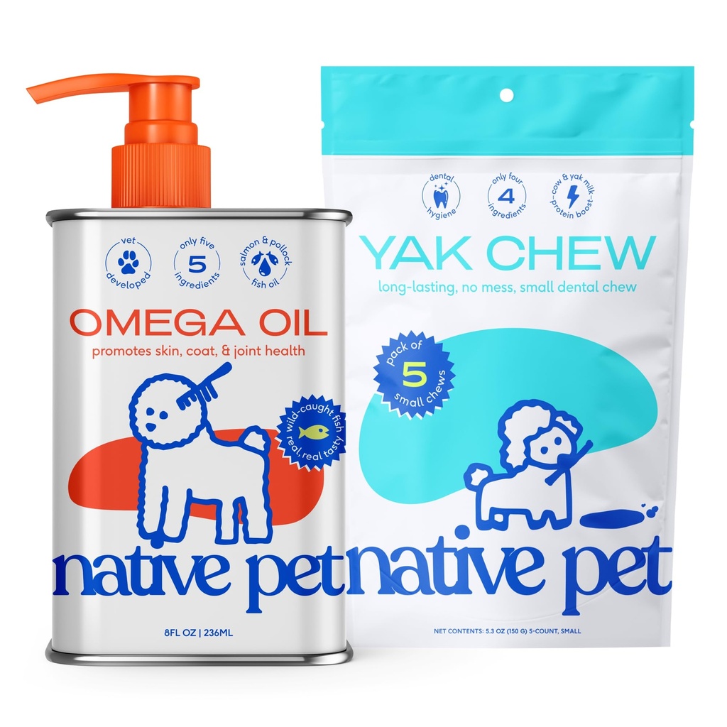Native Pet Omega Oil for Dogs - Fish Oil Συμπληρώματα 8 Oz & 5 Small Yak Chews for Dogs 