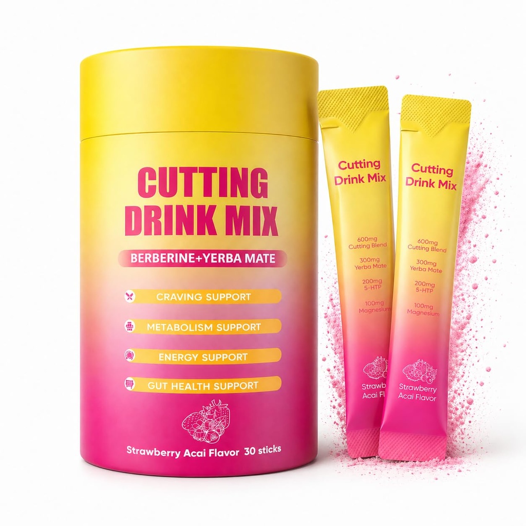 Cutting Drink Mix with Berberine, Chromium, 5-HTP, Yerba Mate & Magnesium - Dual-Action Craving & Gut Health | Strawberry Acai Flavor,Vegan, Sugar-Free, Non-GMO, 30 Packs