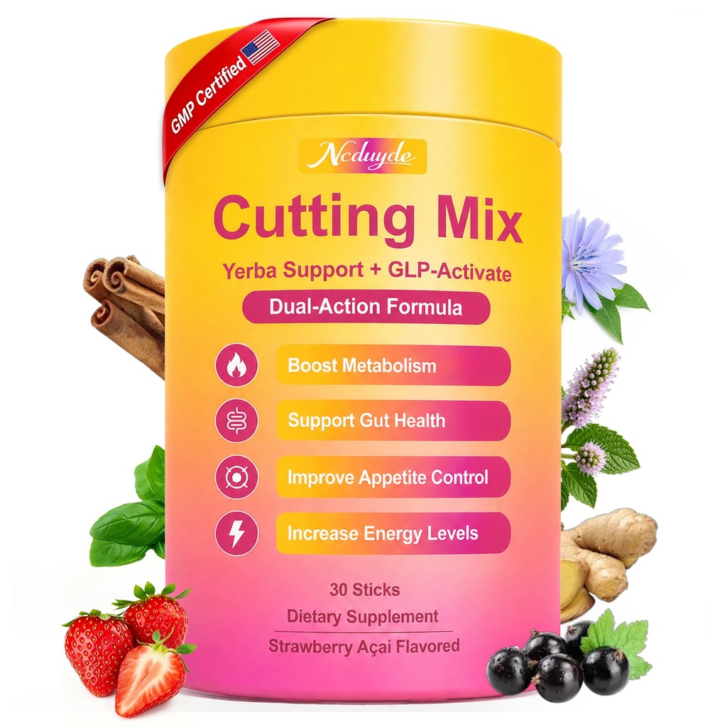 Cutting Drink Mix – GLP-1 Support for Satiety & Metabolism | Berberine, Chromium, FOS, Yerba Mate & 5-HTP | Energy & Gut Health | Sugar-Free, Vegan, Non-GMO | Strawberry Açaí Flavor | 30 Sticks
