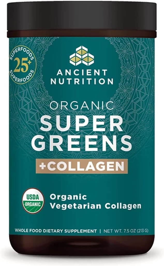 Ancient Nutrition Supergreens Powder, Organic Superfood Powder with Collagen, Made from Real Fruits, Λαχανικά και Βότανα, for Digestive and Energy Support, 25 Servings, 7.5oz