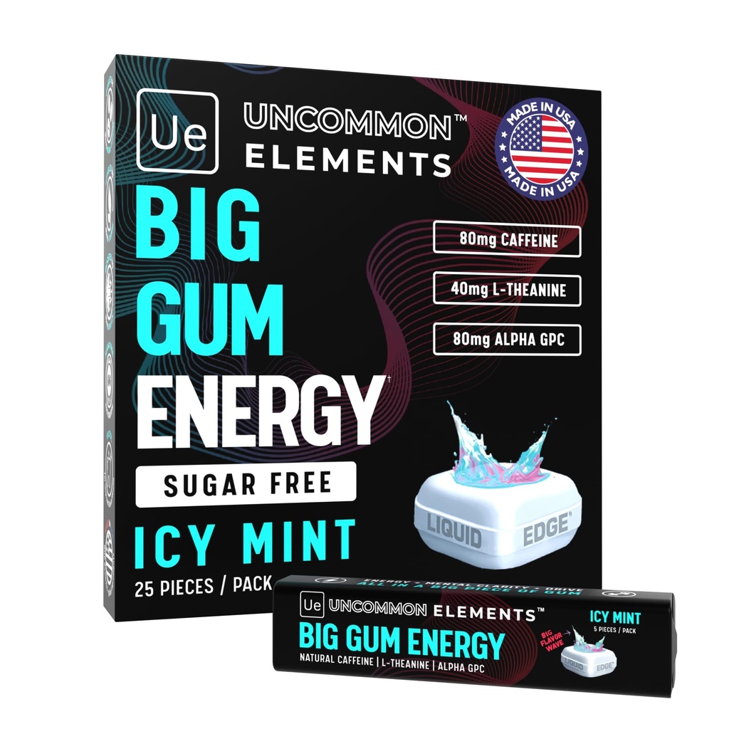 BIG GUM ENERGY & FOCUS – 80mg Caffeine + 40mg L-Theanine + 80mg Alpha GPC – Nootropic Chewing Gum for Focus, Energy & Execution – Icy Mint – 25 Pieces (5 Packs) Gym & Work Execution.
