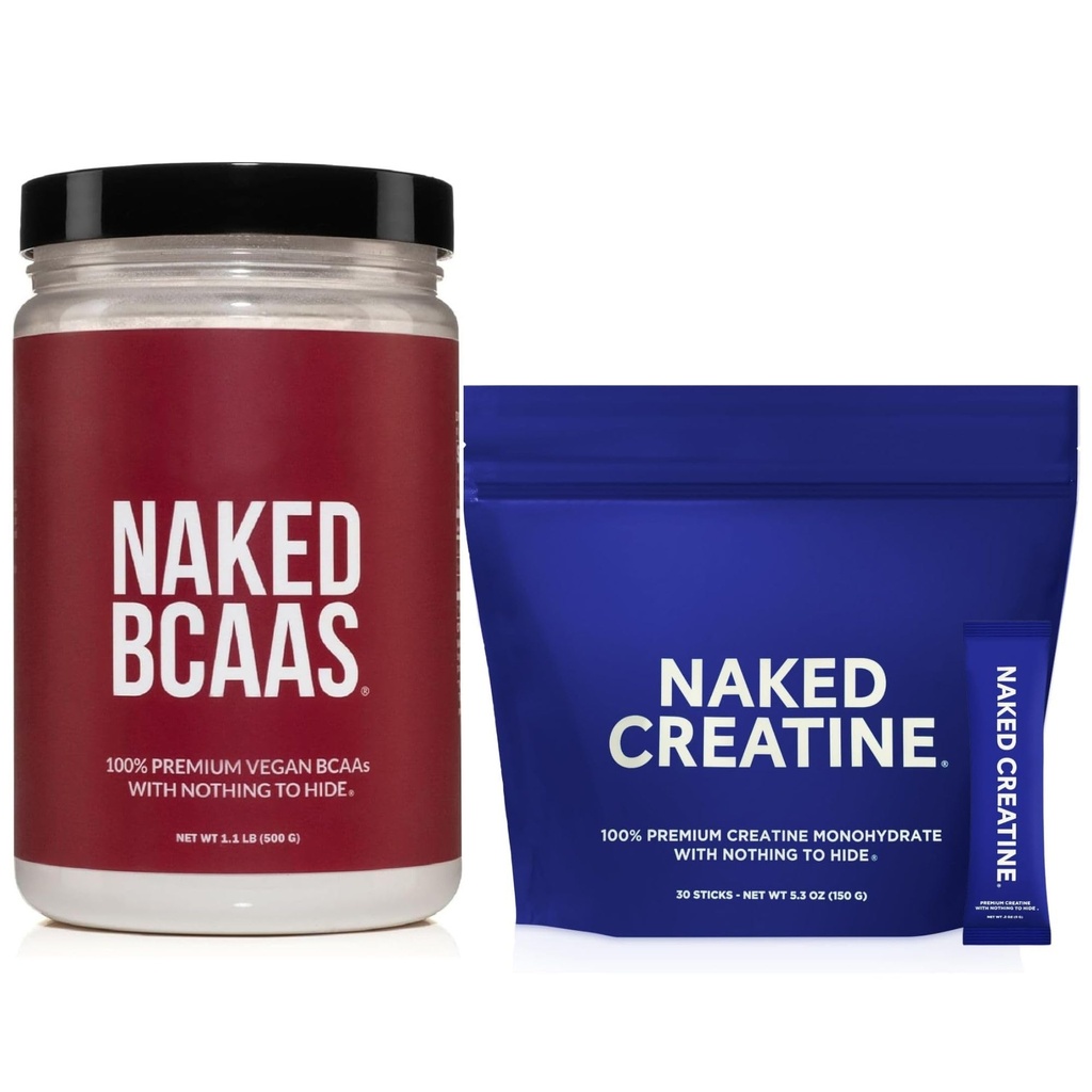 NAKED BCAAs Amino Acids Powder 500g (100 Servings) Creatine Stick Packs (30 Servings) – Unflavored; Vegan; Non-GMO; Gluten Free; Soy Free; No Fillers