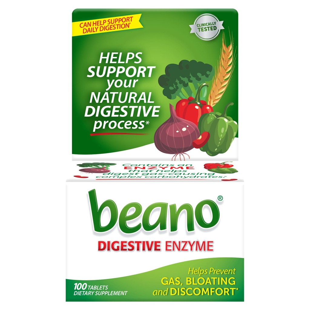 Beano Digestive Ένζυμο, Προληπτικό Αέριο Ανακούφιση για Ενήλικες, Βοηθά στην πρόληψη αερίου & Bloating, 100 δισκία