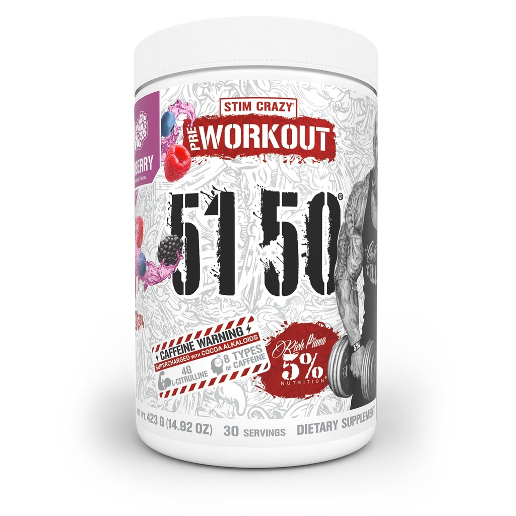 5% Nutrition Rich Piana 5150 High Stim Pre-Workout Powder | Extreme Energy, Focus, Pumps & Endurance | 400 mg Caffeine, Citrulline, Beta Alanine, N-Acetyl L-Tyrosine | 30 Srvgs (Wildberry)