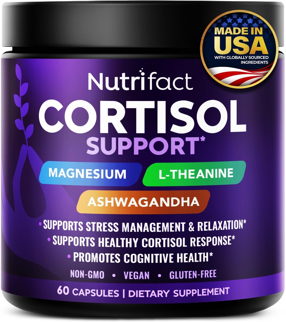 Cortisol Supplements for Women & Men – Cortisol Reducer with Ashwagandha, Magnesium, L-Theanine & Vitamin B Complex – Stress Relief, Vegan, Non-GMO, Made in USA – 60 Capsules