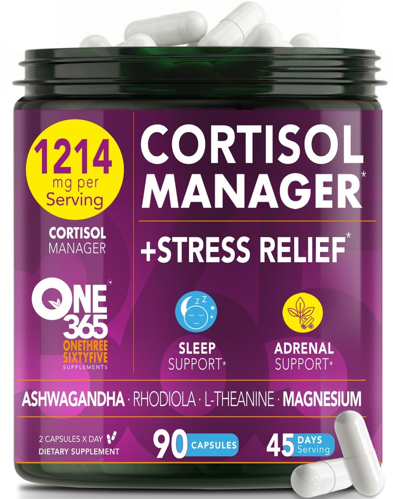 Cortisol Manager – Adrenal Support Supplement for Women & Men – Natural Stress Relief, Calm & Sleep Support – Cortisol Reducer with Ashwagandha, Magnesium, L-Theanine & Rhodiola – 90 Vegan Capsules