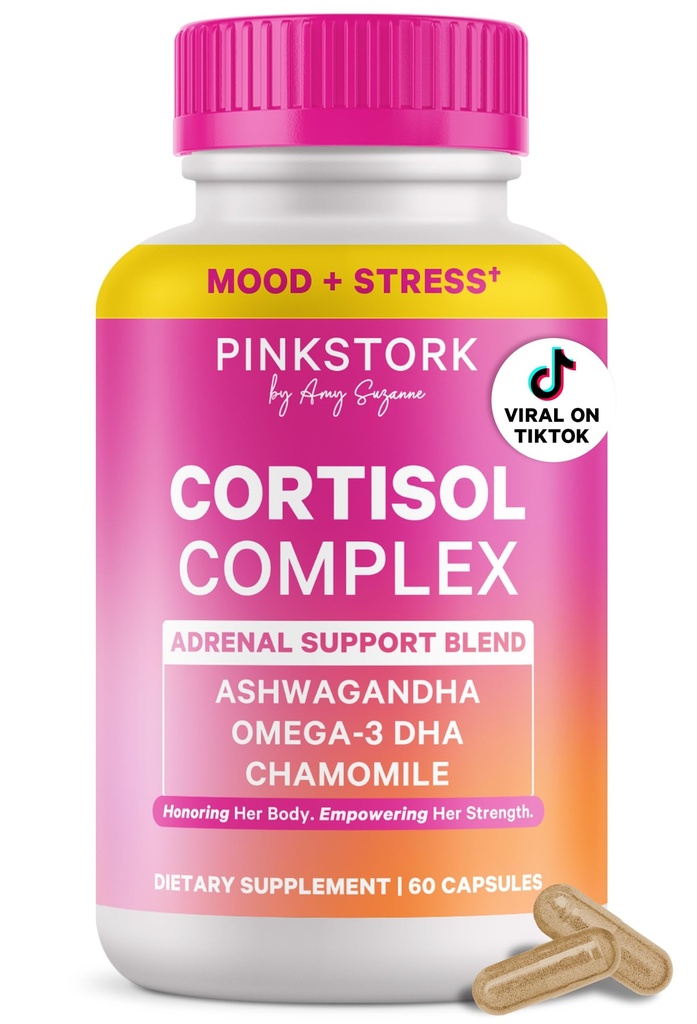 Pink Stork Cortisol Supplements for Women - Adaptogenic Adrenal Support & Stress Manager with Organic Ashwagandha, Omega 3, Saffron, Multivitamins - Mood & Hormone Balance - 60 Count