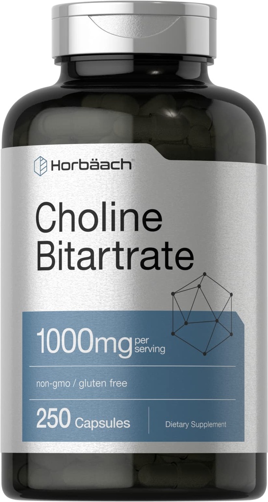 Horbaach Choline Bitartrate Supplement | 1000mg | 250 Capsules | High Potency | Non-GMO, Gluten Free