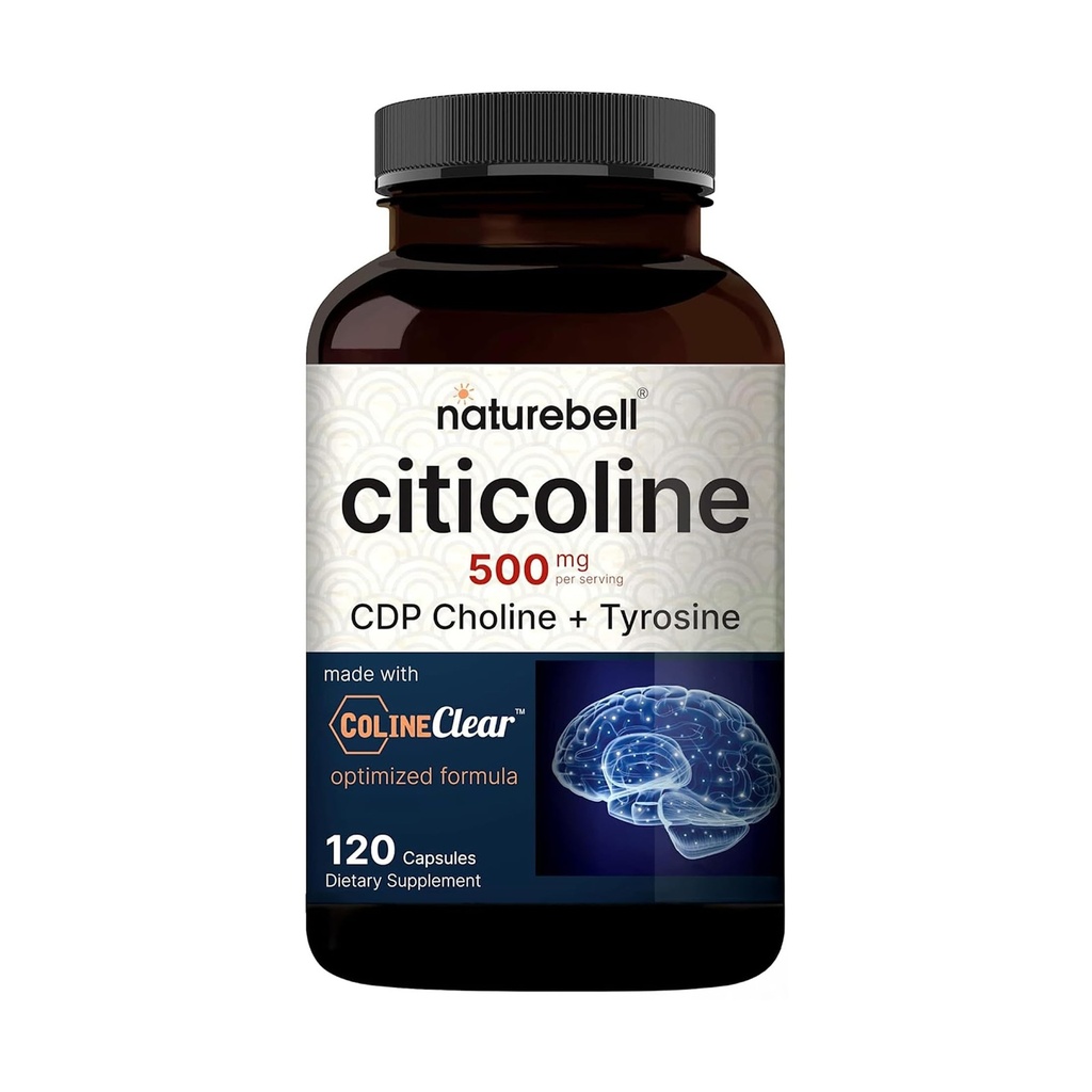 NatureBell Citicoline 500mg - 120 Capsules - Brain Function Support for Adults - Memory & Focus Aid with CDP Choline & Tyrosine - Fast-Absorbing Formula* - Non-GMO & Gluten-Free
