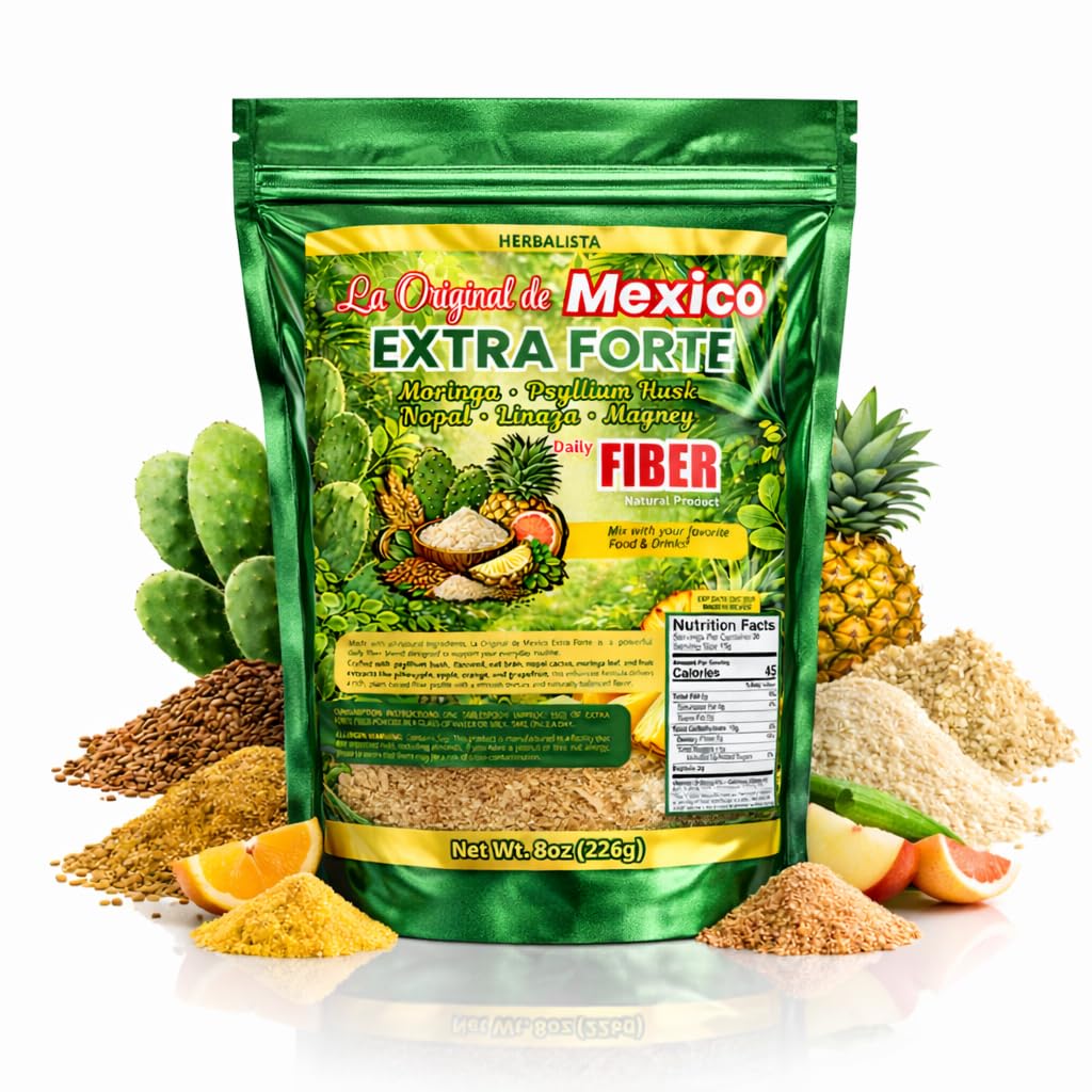HERBALISTA La Original de Mexico Extra Forte Daily Fiber 8oz (226g), Moringa, Psyllium Husk, Nopal, Flaxseed (Linaza) & Agave Blend, Plant-Based Fiber Powder, Easy to Mix