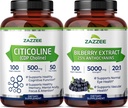 Zazzee Cognitive Brain Health & Vision Support Bundle | Extra Strength Bilberry 20:1 Extract & CDP Choline Capsules | Non-GMO Vegan & ISO Lab Tested