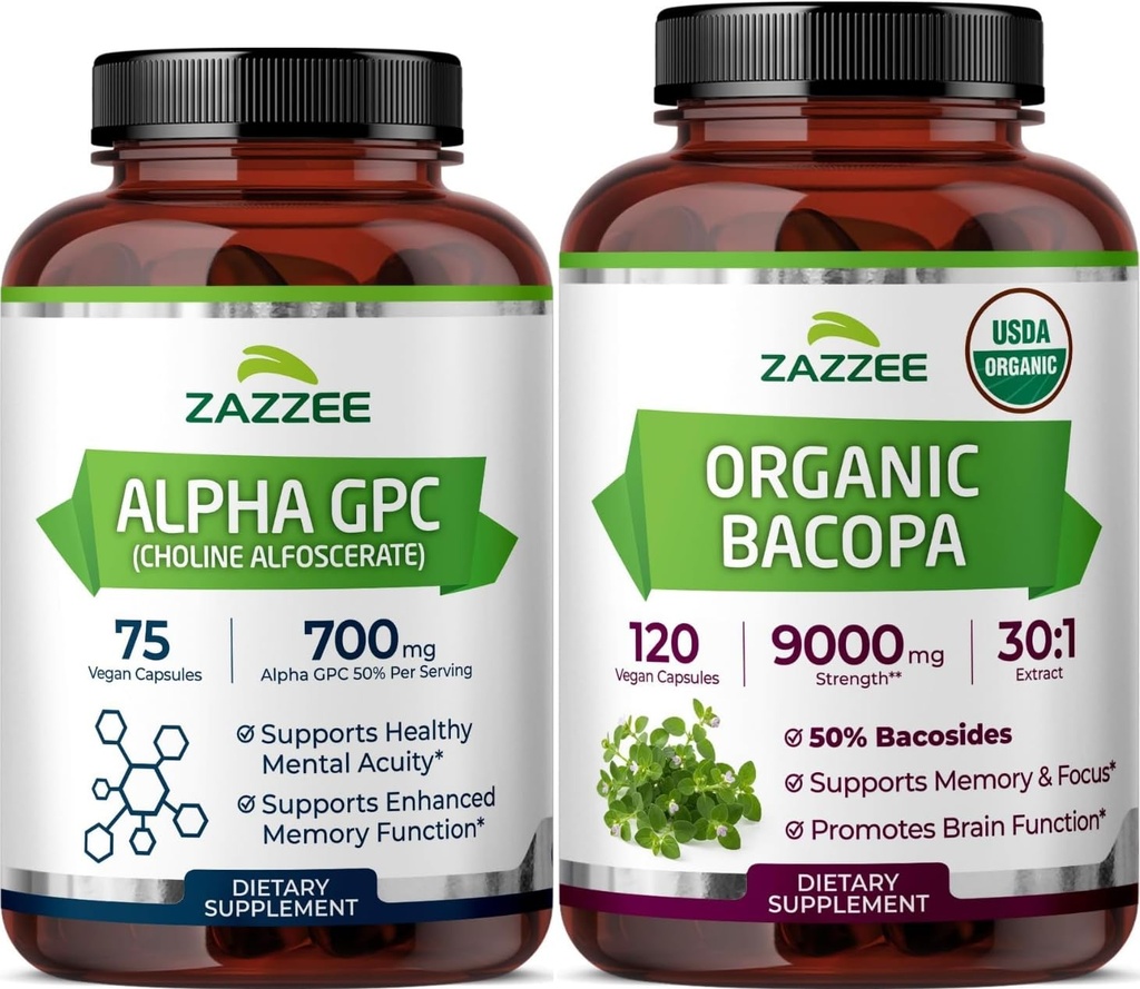 Zazzee Herbal Mind & Memory Support Bundle | USDA Organic Bacopa 30:1 Extract Plus Alpha GPC Choline Capsules | Non-GMO Vegan & ISO Lab Tested