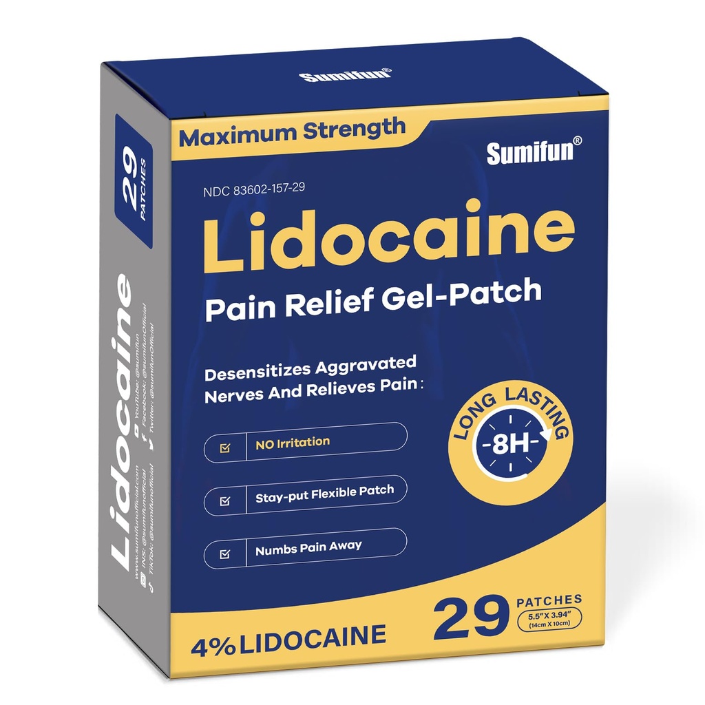 Sumifun 4% Lidocaine Pain Relief Patches - OTC Maximum Strength – Flexible & Long-Lasting, 29-Count Lidocaine Patches for Back, Neck, Muscle, Joint Pain- Unscented Pain Patch