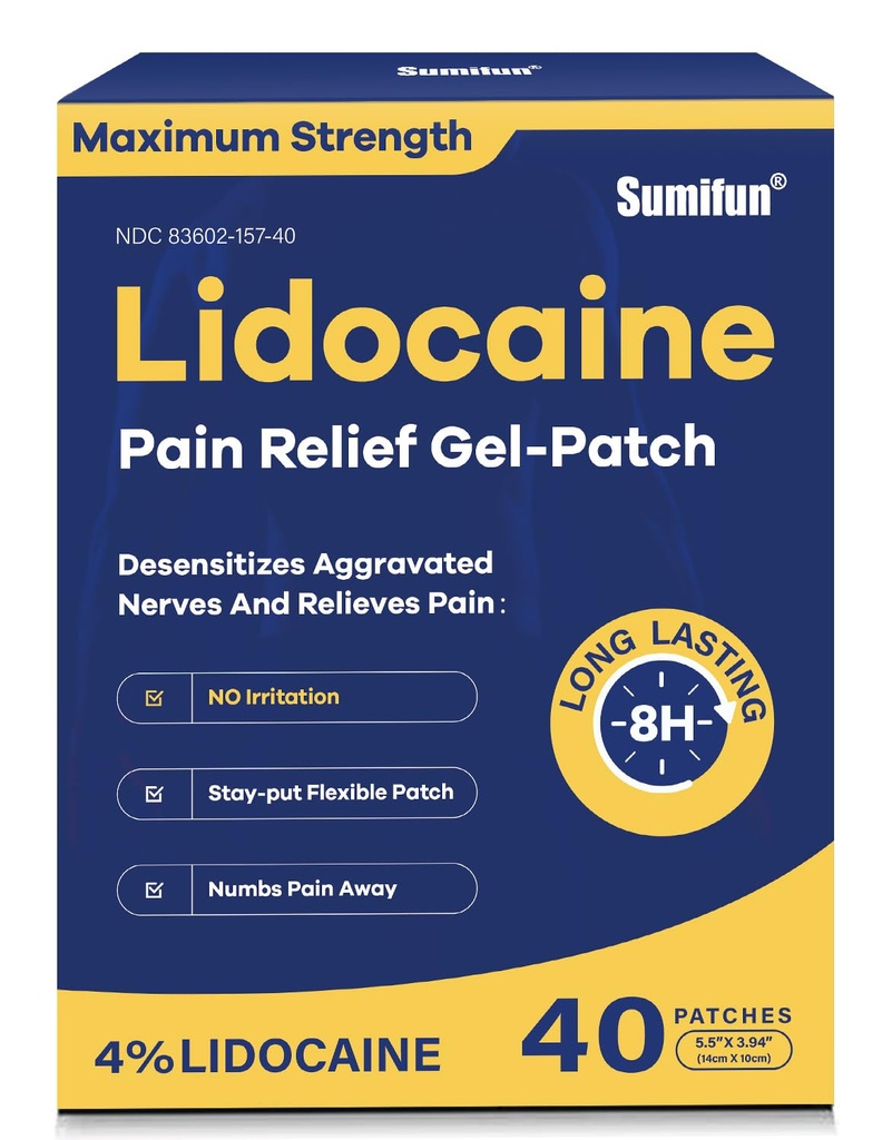 Sumifun 4% Lidocaine Patches Maximum Strength - 40 Count Pain Relief Patches for Back, Shoulder, Elbow, Knee, Muscle & Joint - Lower Back Pain Relief Products - Pain Patches Maximum Strength Lidocaine