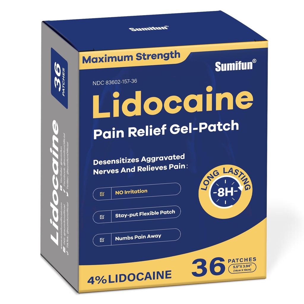 Sumifun 4% Lidocaine Pain Relief Patches - OTC Maximum Strength – Flexible & Long-Lasting, 36-Count Lidocaine Patches for Back, Neck, Muscle, Joint Pain- Unscented Pain Patch