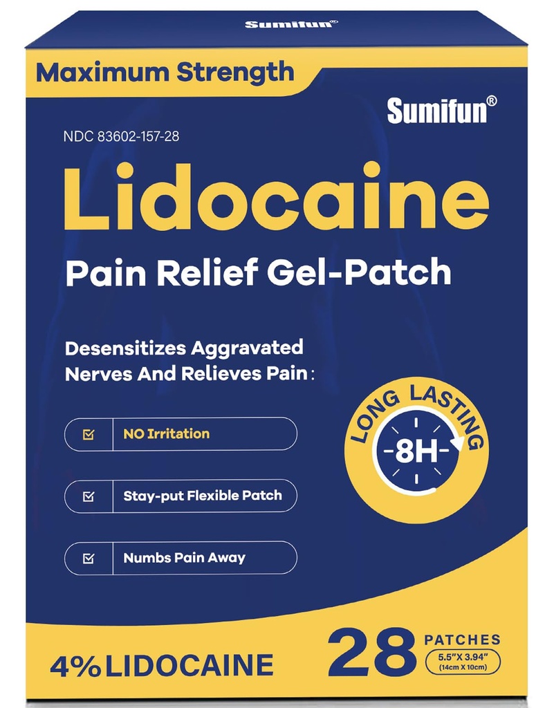 Sumifun 4% Lidocaine Patches Maximum Strength - 28 Count Pain Relief Patches for Back, Shoulder, Elbow, Knee, Muscle & Joint - Maximum Strength Lidocaine
