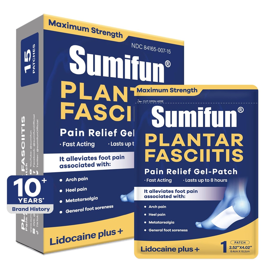 Sumifun Lidocaine Patches for Plantar Fasciitis Relief & Foot & Arch & Heel Pain, 4% Lidocaine Plus 1% Cooling Menthol Pain Relief Patches, Up to 8 Hours Pain Relief, 6x10cm (Large, Count, 15)