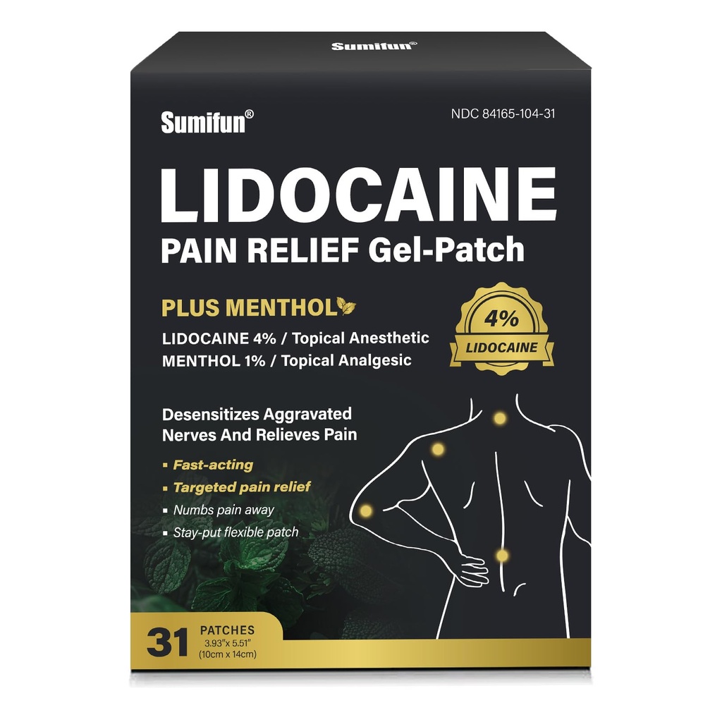 Sumifun 4% Lidocaine Patches Plus 1% Menthol Pain Relief Patches Maximum Strength Lidocaine, Back Pain Relief Products, for Neck Knee Joint Pain Nerve Shoulder Pain Relief (Large, Count, 31)