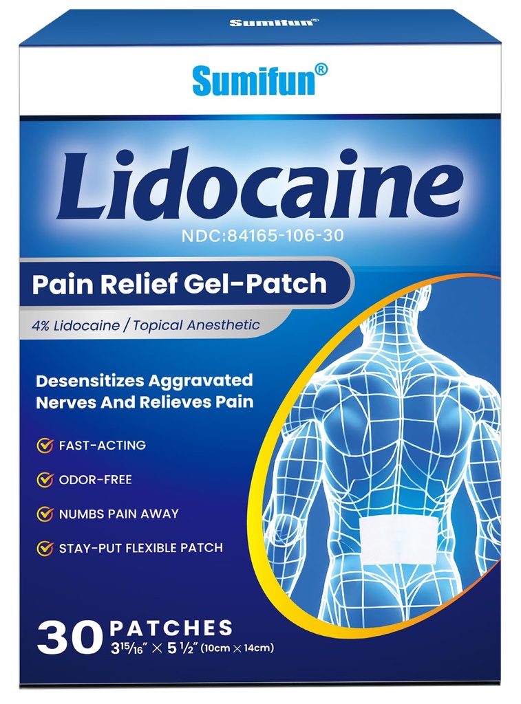 Sumifun Lidocaine Numbing Pain Patches - 30 Counts Maximum OTC Strength Pain Relief for Simple Backache, Muscle Sore, Joint Pain, Sprain, Strain - 5 1/2" X 3 15/16", Fast Acting & Long Lasting 8 Hours