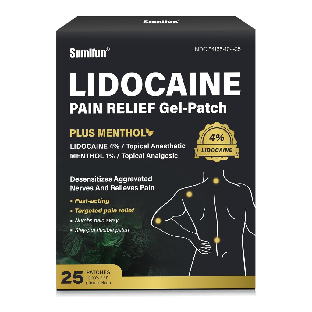 Sumifun 4% Lidocaine Patches Plus 1% Menthol Pain Relief Patches Maximum Strength Lidocaine, Back Pain Relief Products, for Neck Knee Joint Pain Nerve Shoulder Pain Relief (Large, Count, 25)