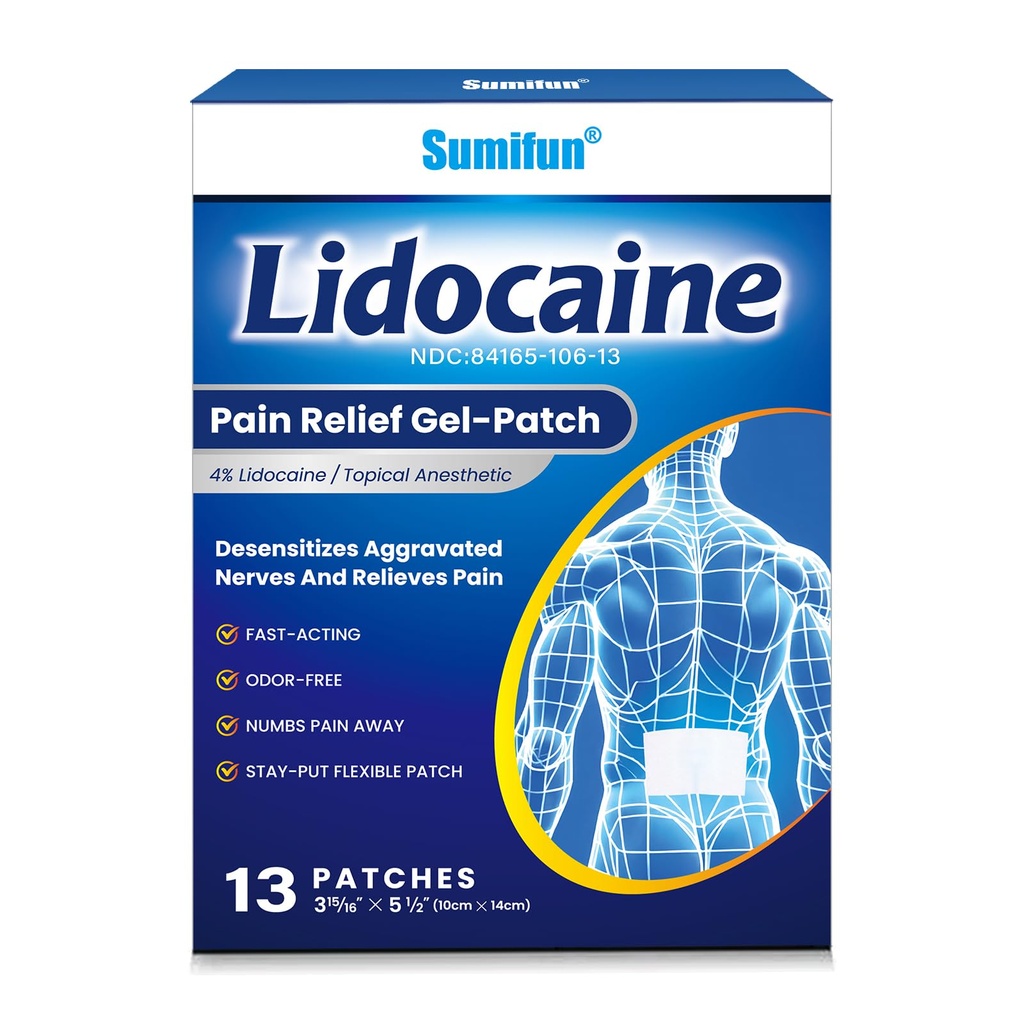 Sumifun Lidocaine Numbing Pain Patches - Maximum OTC Strength Pain Relief for Simple Backache, Muscle Sore, Joint Pain, Sprain, Strain - Fast Acting & Long Lasting 8 Hours (Large, 13 Count)