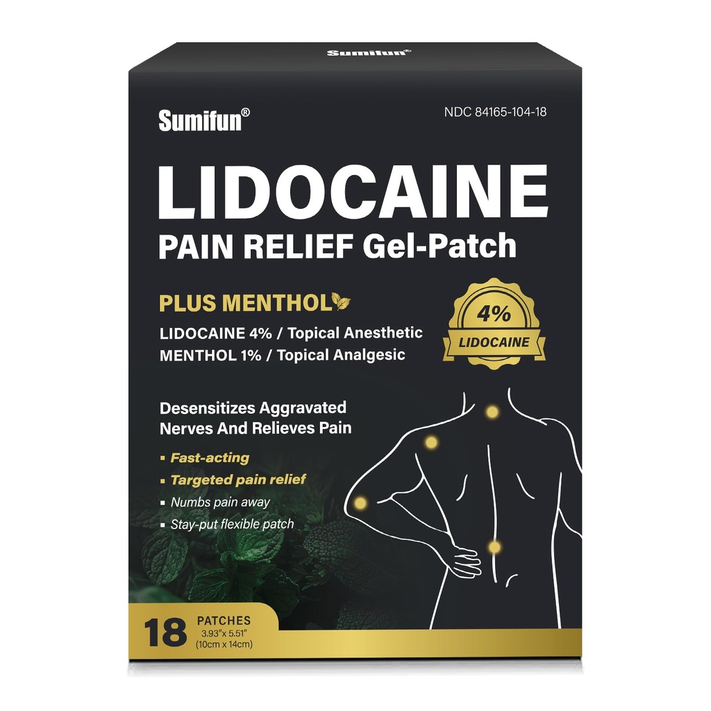Sumifun 4% Lidocaine Patches Plus 1% Menthol Pain Relief Patches Maximum Strength Lidocaine, Back Pain Relief Products, for Neck Knee Joint Pain Nerve Shoulder Pain Relief (Large, Count, 18)