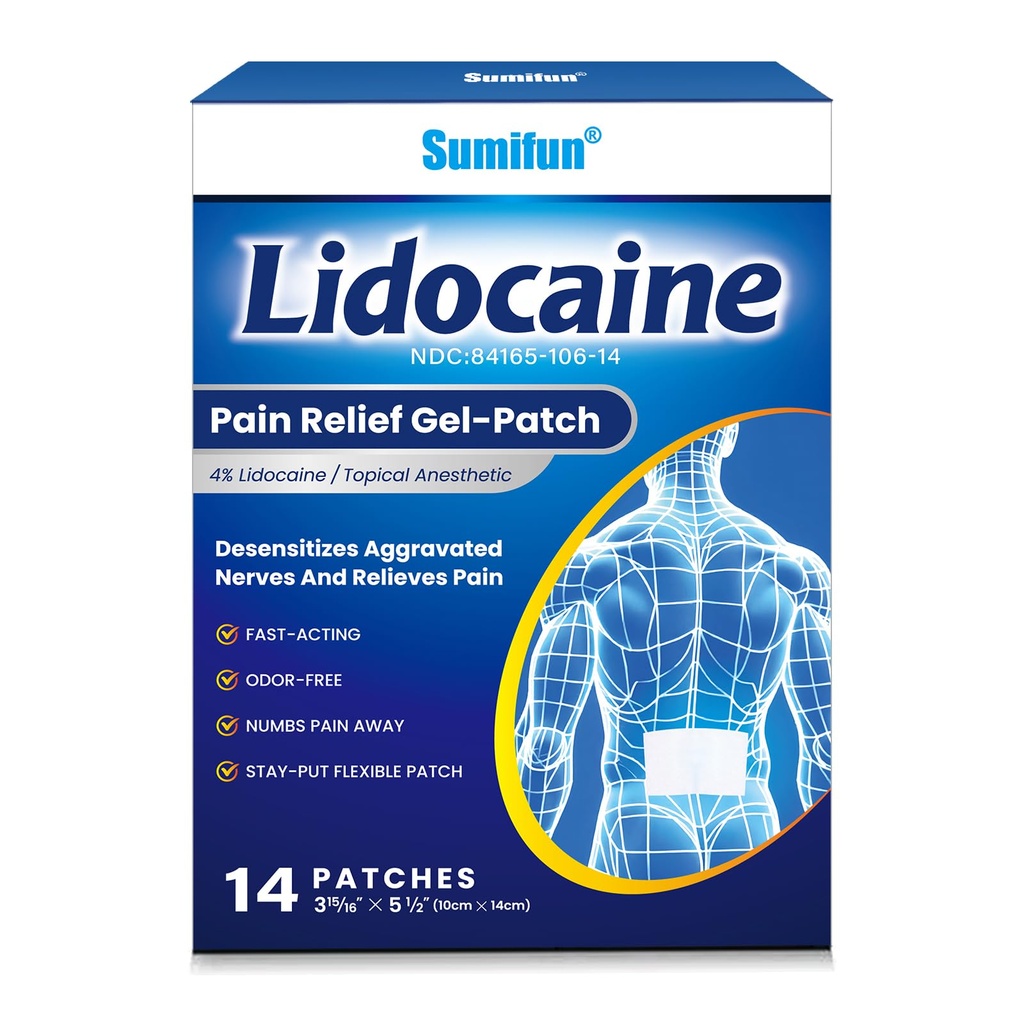 Sumifun 4% Lidocaine Pain Patches - Maximum OTC Strength Pain Relief for Lower Back Pain, Neck Sore, Joint Pain - Fast Acting & Long Lasting 8 Hours, 14 Counts
