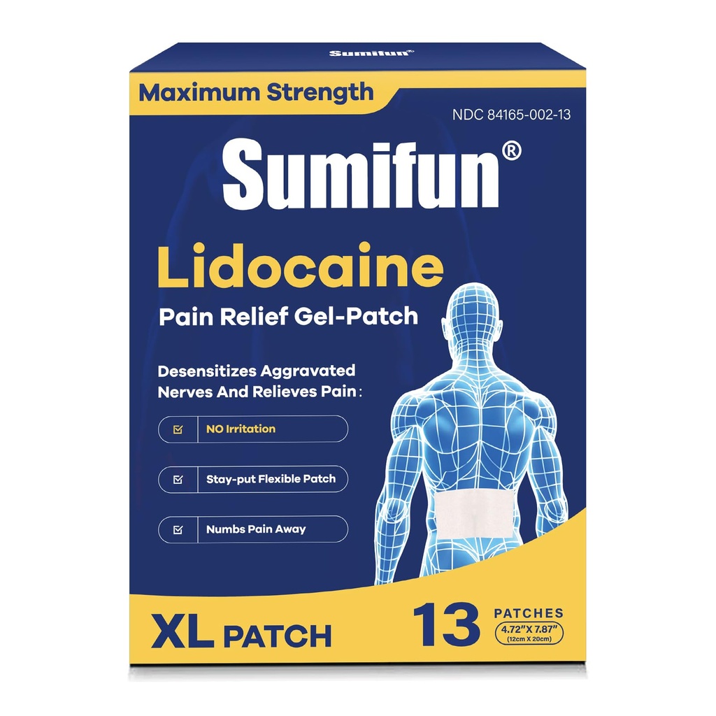 Sumifun 4% Lidocaine XL Pain Patches | Extra Large 4.72"x7.87" for Full Back & Thigh Coverage | Maximum Strength OTC Numbing | 8-Hour Medical Adhesion (X-Large, Count, 13)