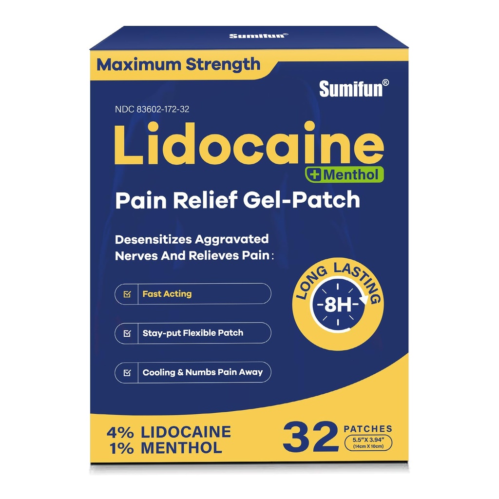 Sumifun Lidocaine Pain Relief Patches, 4% Lidocaine & 1% Menthol Maximum Strength OTC, Fast-Acting Pain Patch for Back, Neck, Knee, Arthritis & Muscle Soreness, 32 Large Count