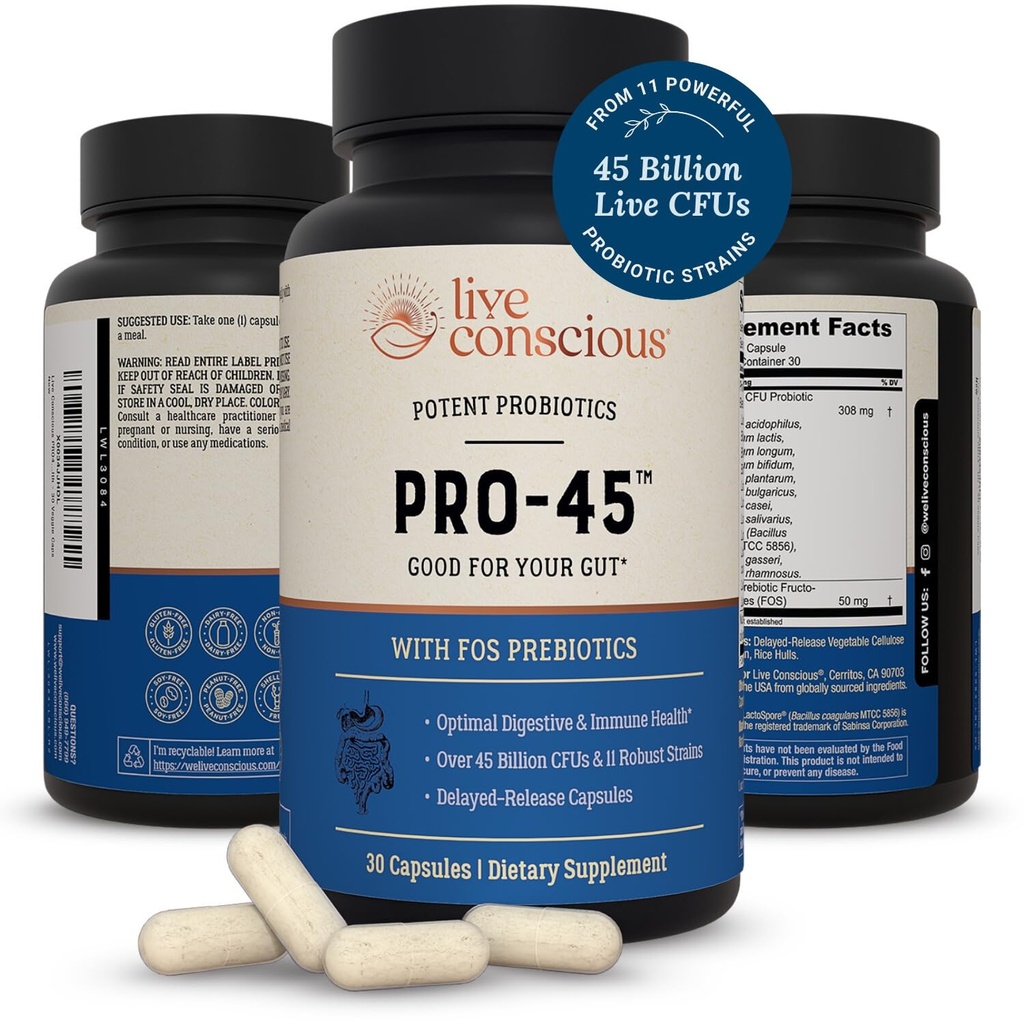 Live Consciious PRO45 Probiotics for Women & Men: Comprehensive Formula, 45 Billion CFU, 11 Strains, Dairy Free - w/Prebiotics and Probiotics - Προάγει το ανοσοποιητικό & Gut Health - 30 Veggie Caps
