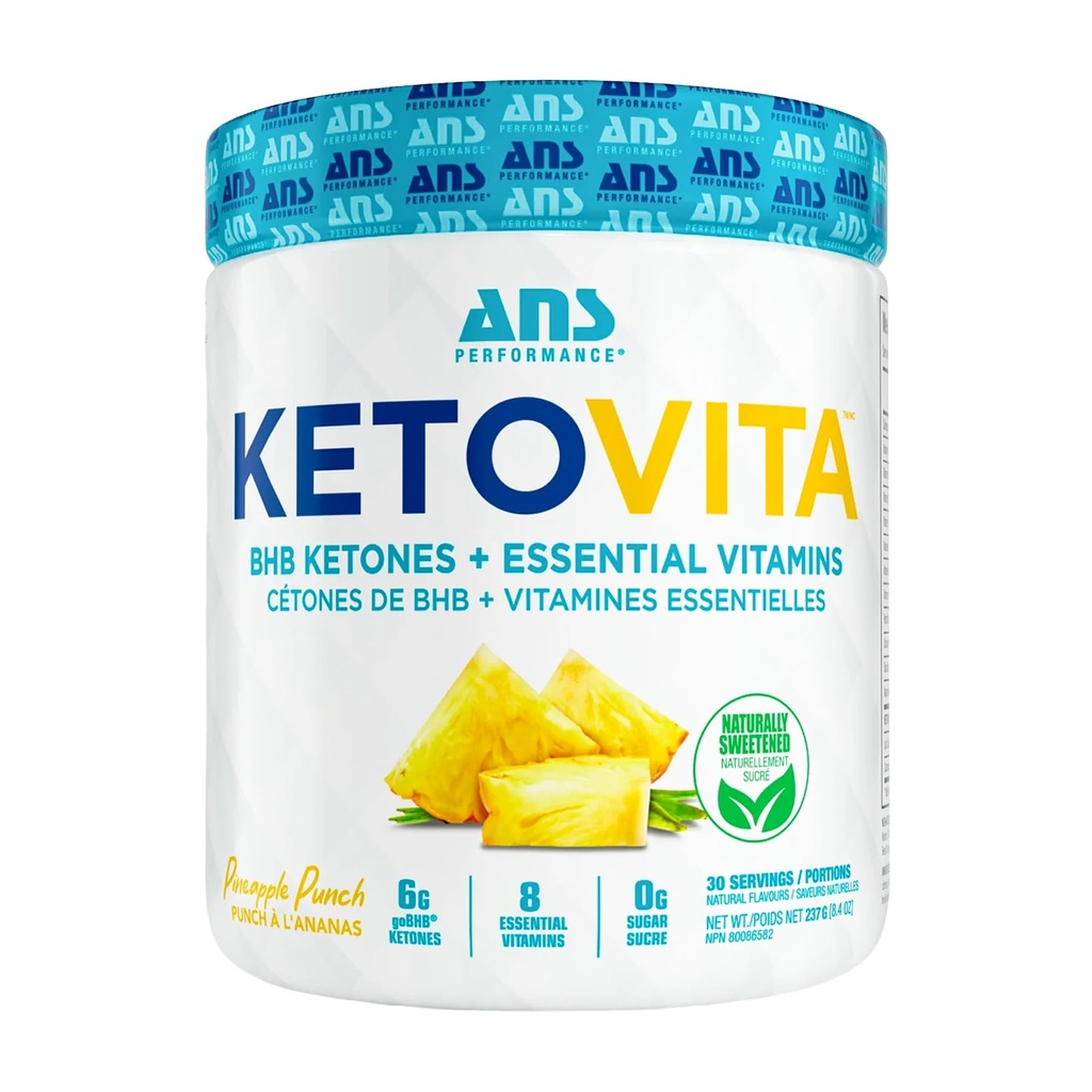 ANS Performance Ketovita Supplement Beta-Hydroxybutyrate Ketones Drink Powder with Zero Sugar and 30 Servings, Boosts Metabolism, Pineapple Punch