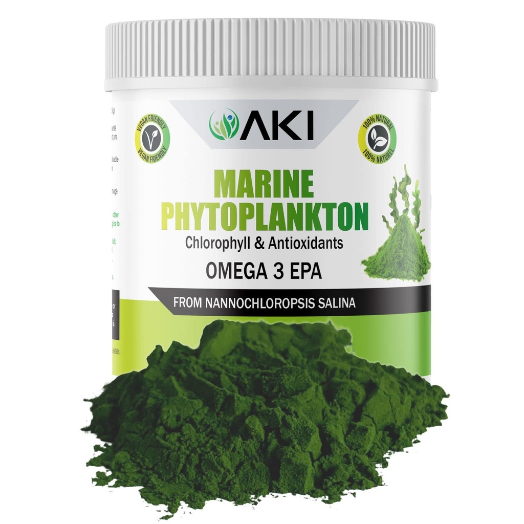 AKI Marine Phytoplankton Powder - Source of Raw Omega-3 EPA Micro Algae Nannochloropsis - Plant Based Proteins, Vitamins for Overall Wellness - Complete Protein Source, Vegan & GMO Free (2oz/57g)