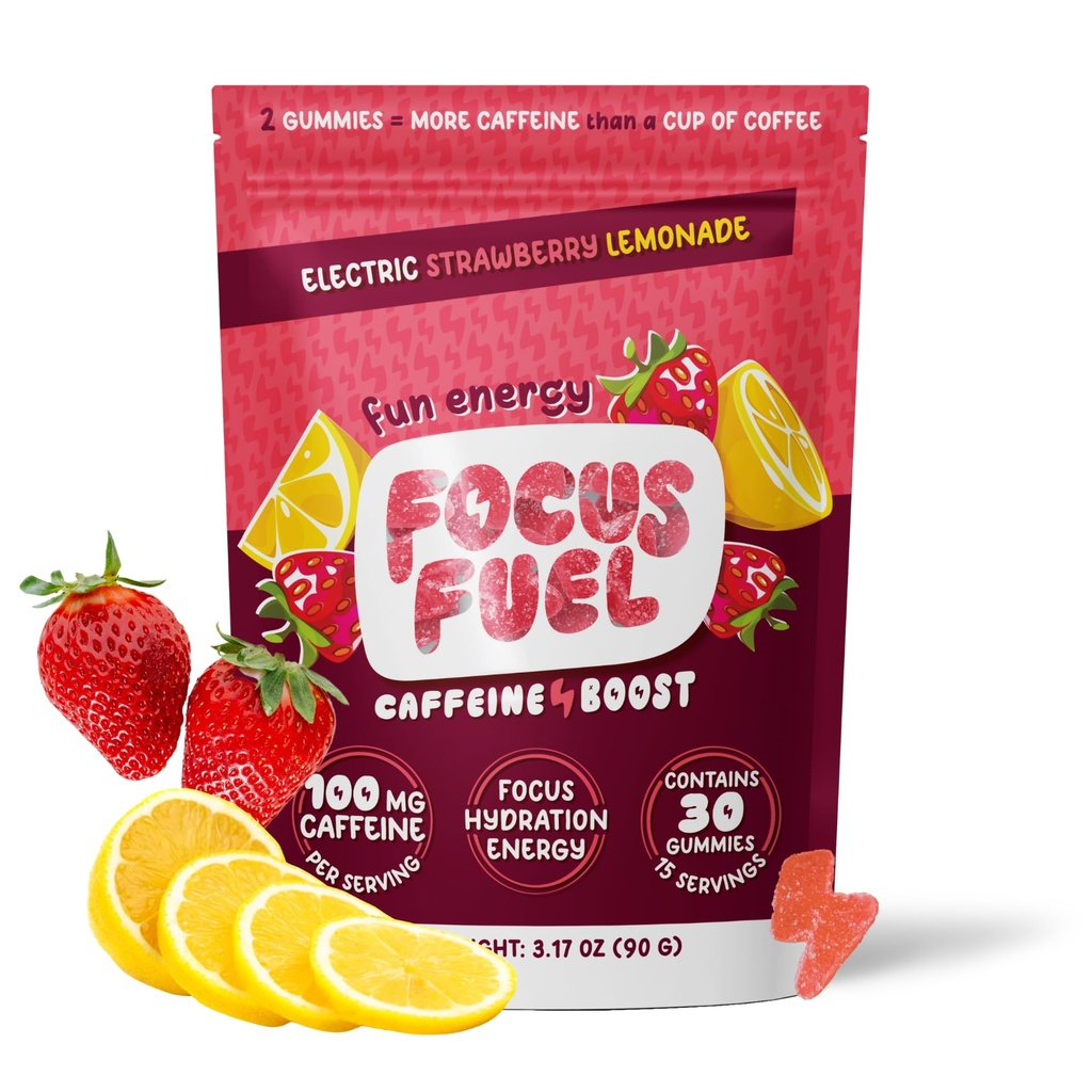 FocusFuel Energy Chews – Strawberry Lemonade Flavor (15 Servings) – 100mg Caffeine + Alpha GPC + L-Theanine + B12, Magnesium – Boost Focus & Energy – No Crash or Jitters
