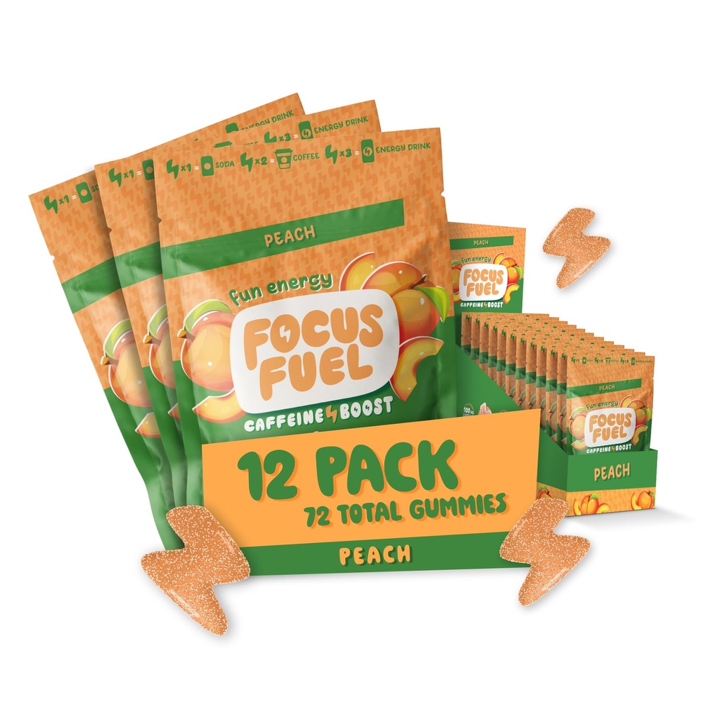 FocusFuel Energy Chews – Peach Sample Pack (36 Servings) – 100mg Caffeine + Alpha GPC + L-Theanine + B12, Magnesium – No Crash or Jitters