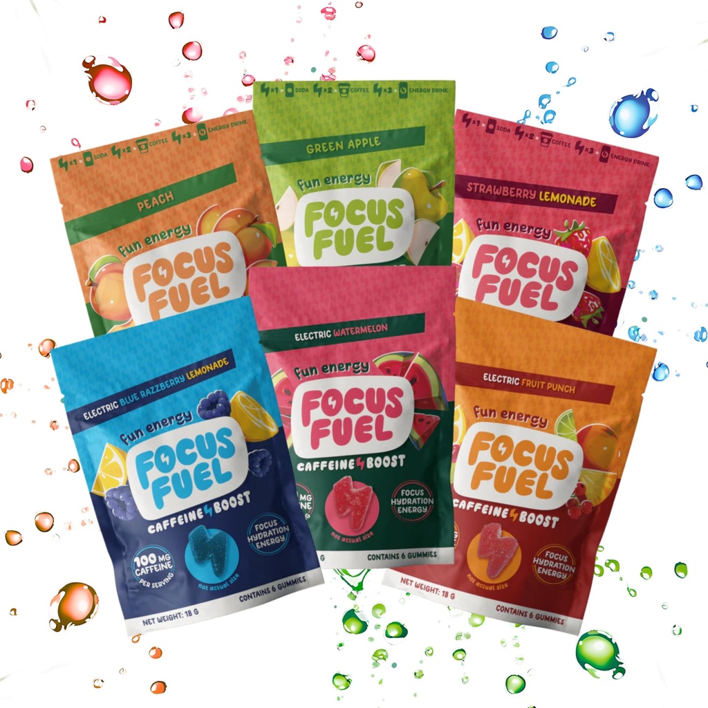 FocusFuel Energy Chews – 18-Serving Variety Sampler – 100mg Caffeine + L-Theanine + B12 – 6 Flavors: Blue Razz, Watermelon, Fruit Punch, Peach, Green Apple, Strawberry Lemonade – No Crash or Jitters