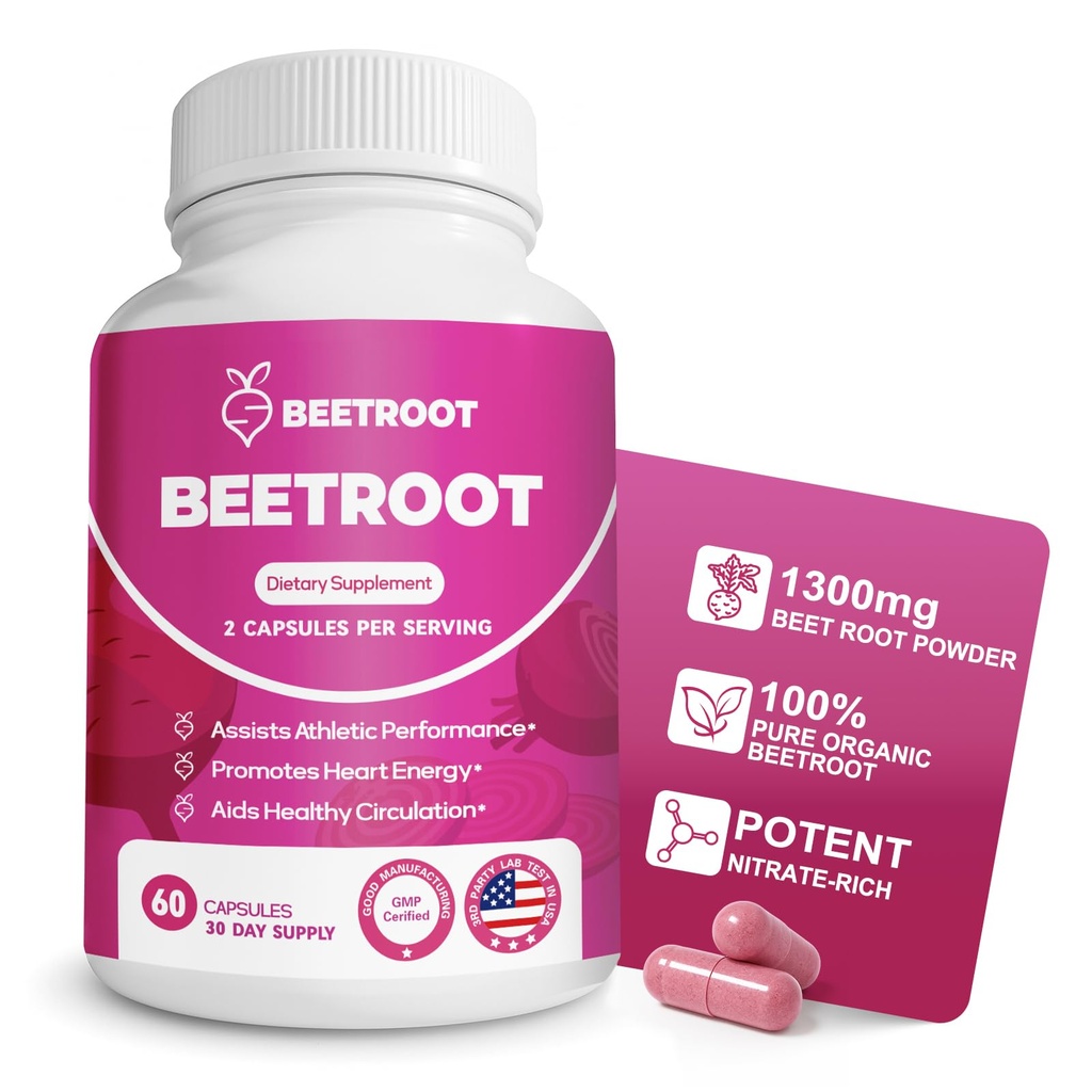 Beet Root Capsules – 1300mg Organic Beet Root Powder, Non-GMO & Vegan Supplement for Energy, Endurance & Blood Flow Support – 60 Capsules