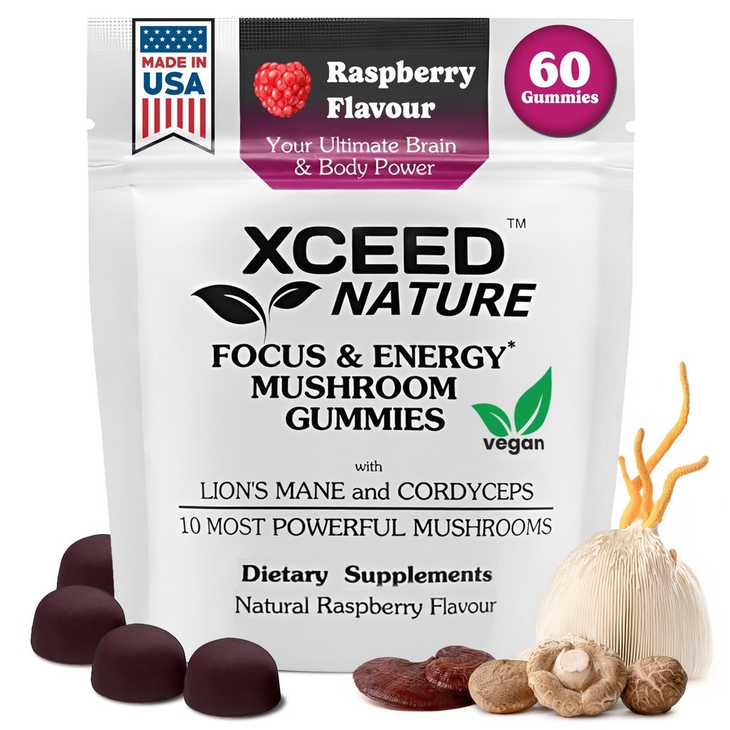Lions Mane & Cordyceps Mushroom Gummies - 10in1 συμπλήρωμα - για εστίαση, ενέργεια, διάθεση, μνήμη & σαφήνεια - 60 τεμάχια