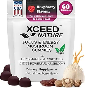Lions Mane & Cordyceps Mushroom Gummies - 10in1 Supplement - for Focus, Energy, Mood, Memory & Clarity - 60 Pcs