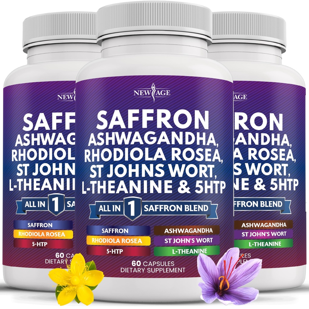NEW AGE Saffron Supplements with Ashwagandha - Support with L-Theanine, Ginkgo Biloba, St. John's Wort, Rhodiola Rosea & 5-HTP - Saffron 180 Count
