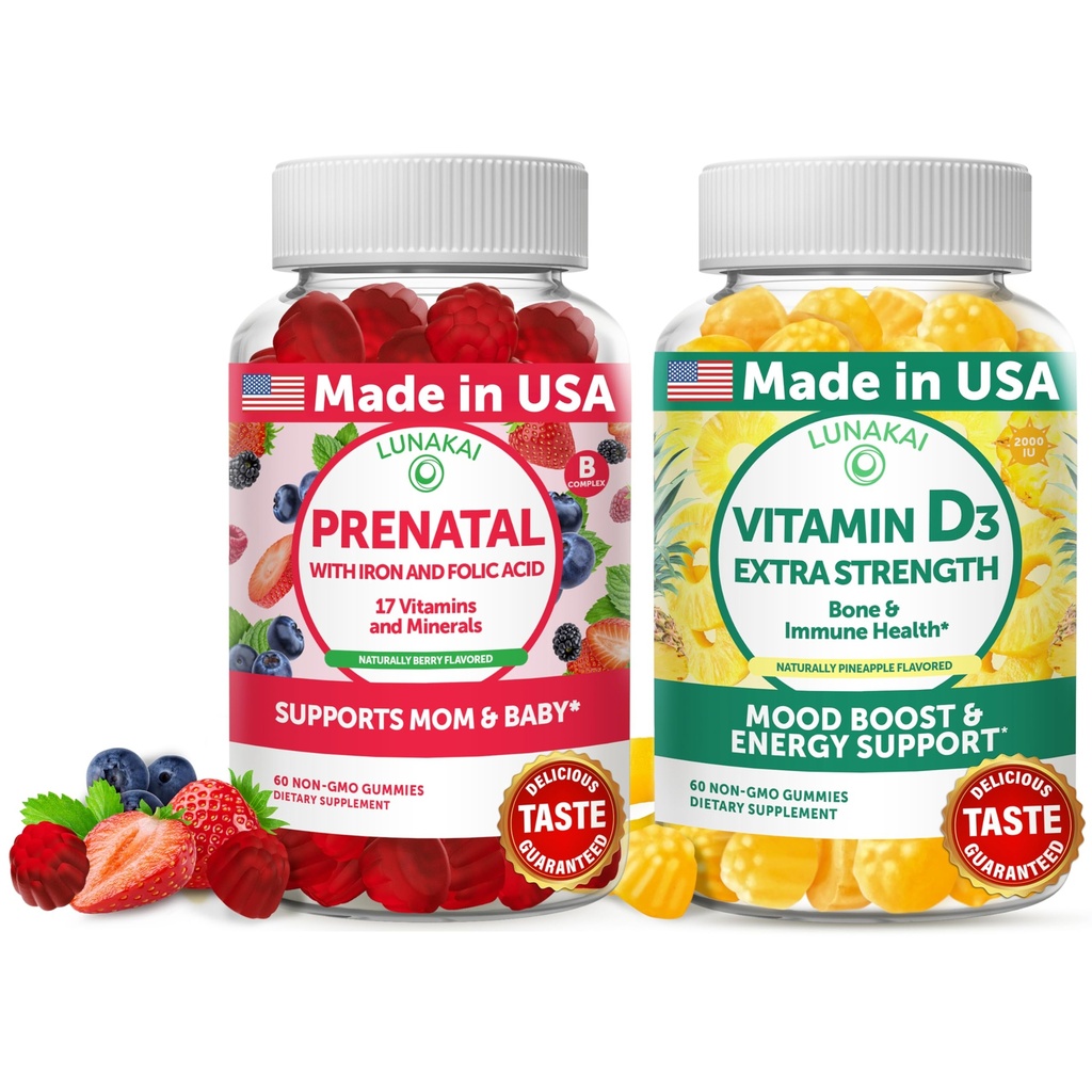 Lunakai Προγεννητική και βιταμίνη D3 Gummies Bundle - Εγκυμοσύνη Πολυβιταμίνη Gummy με σίδηρο & φολικό οξύ - Ασυλία, οστά και διάθεση συμπλήρωμα υποστήριξης για ενήλικες - 30 ημέρες προσφοράς