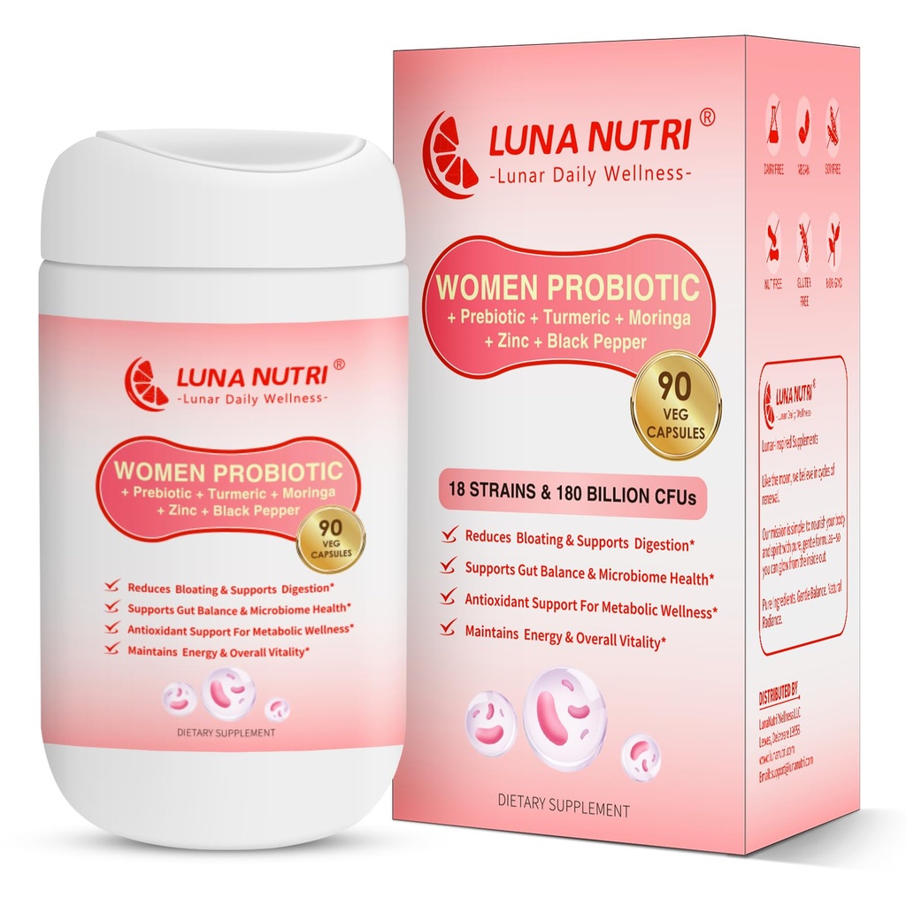 Women Probiotic,18 Strains & 180 Billion Cfus, with 3 Prebiotics+Turmeric + Zinc + Black Pepper & Muilt Enzymes for Women, Digestive, Immune Support & Metabolic Wellness