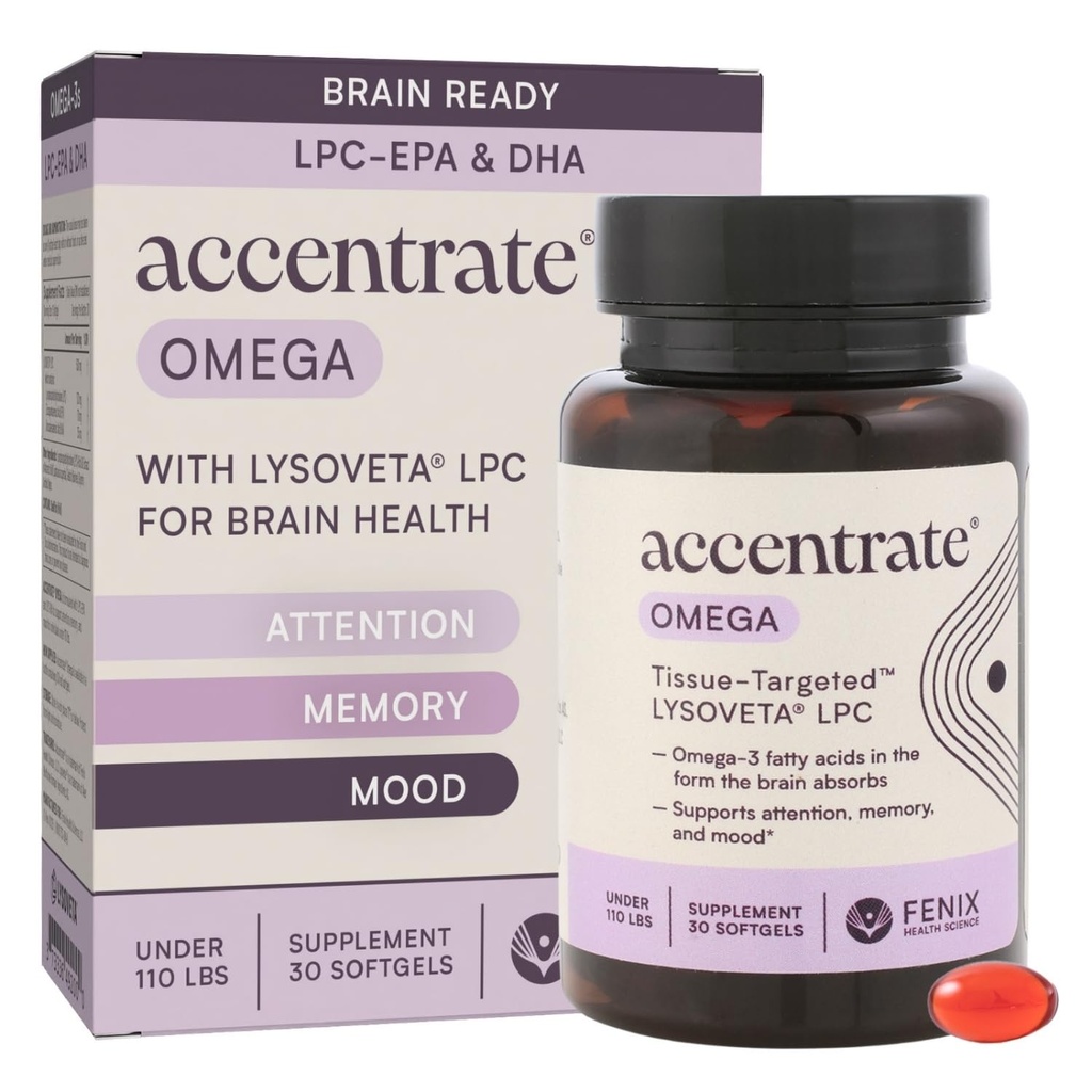 Omega w/LYSOVETA LPC | EPA & DHA Supplements for Brain Health | Focus, Attention, Memory, & Mood | 6X Higher Absorption Than Fish Oil | Omega-3 Fatty Acid Supplements | Highest Potency LPC-DHA