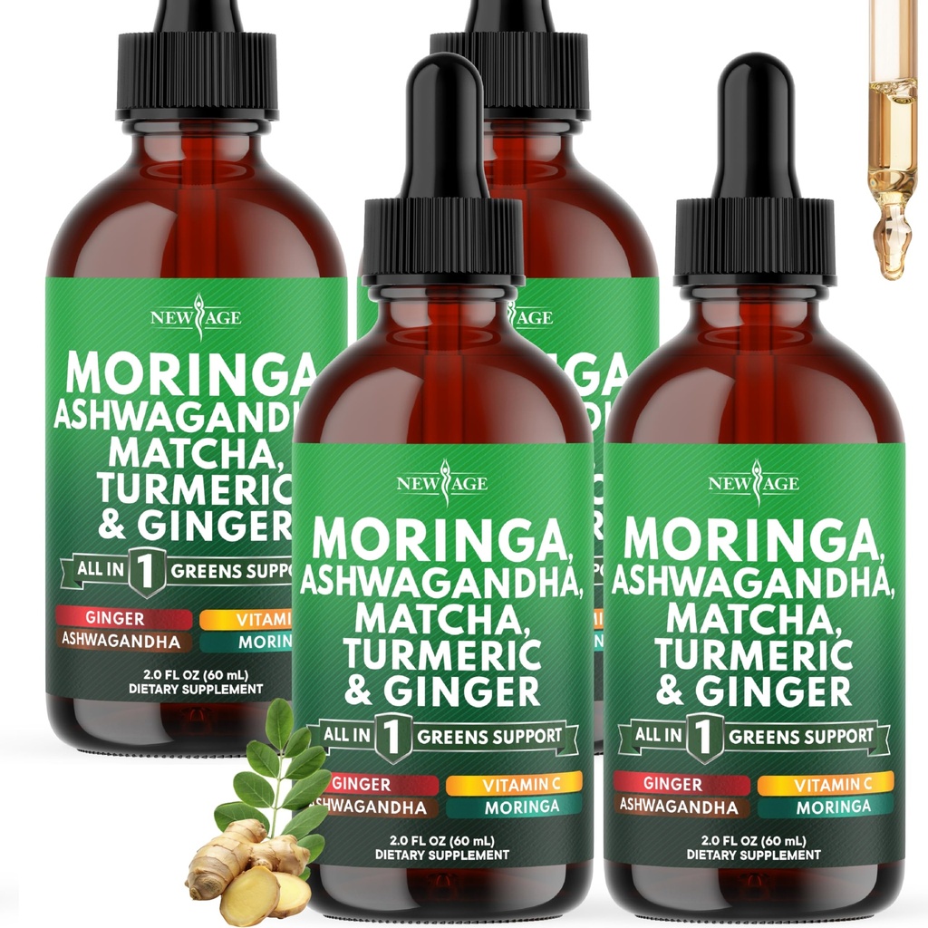 Moringa Supplement Drops - Ashwagandha, Spirulina, Chlorella, Turmeric & Ginger Liquid Barley Grass with Chlorophyll, Matcha, Algae, Vitamin C Antioxidant, Holy Basil, Ceylon Cinnamon - 8fl Oz